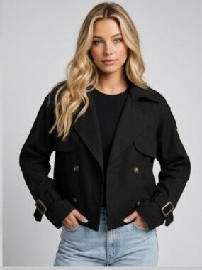 Black Modern Minimalist Short Trench Coat | Tailored Cropped Layering Jacket